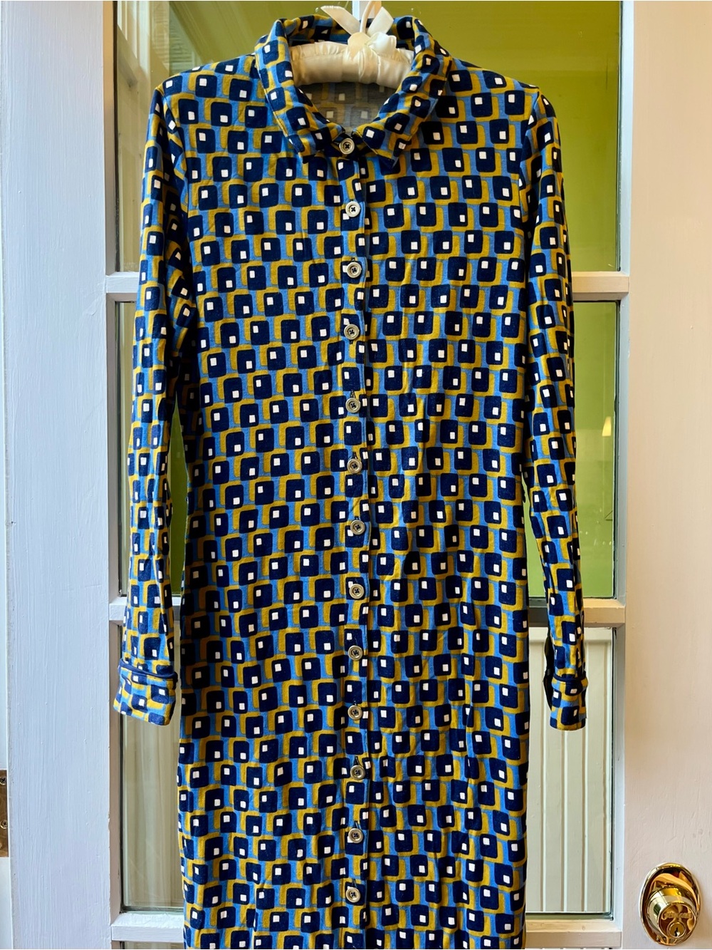 Boden Geometric Midi Dress in Blue, Navy & Mustard Gold